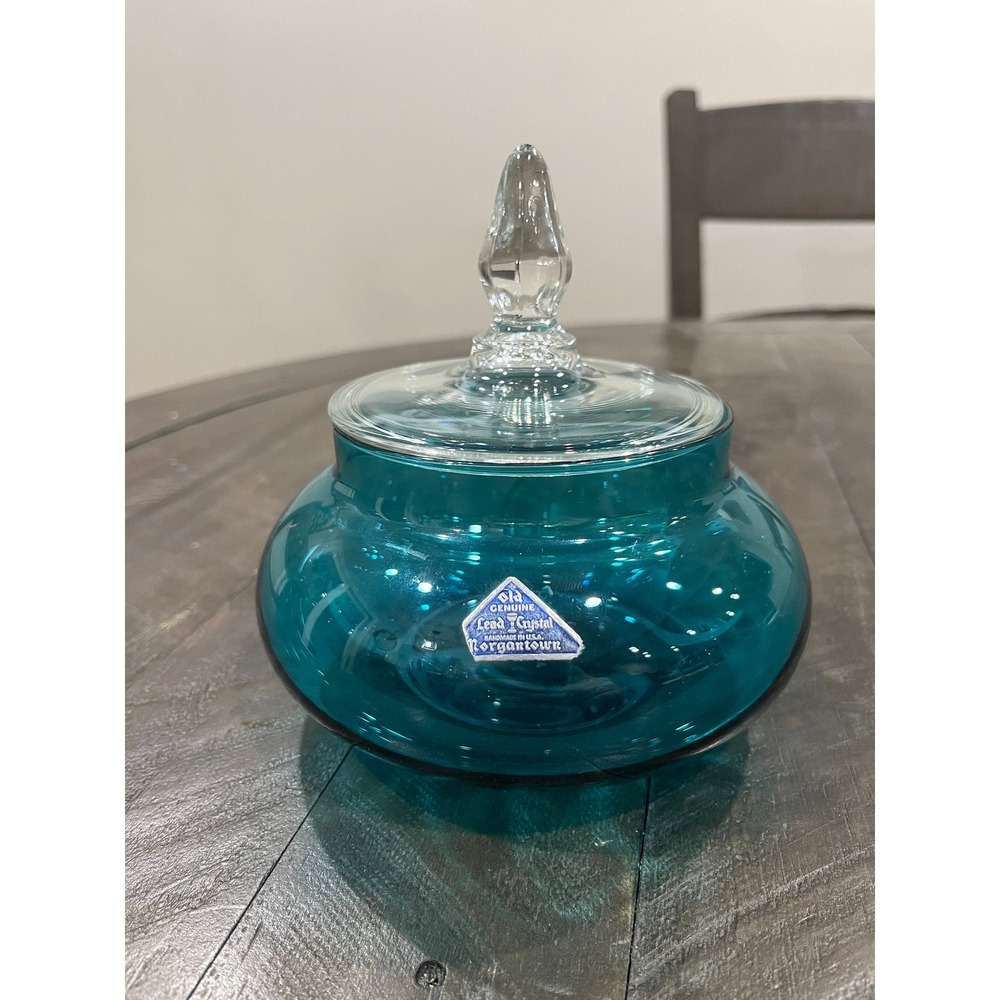 Morgantown Glass PALACE Candy Box Peacock Blue #9952 Decor Line Sticker MCM Vtg - Picture 1 of 8